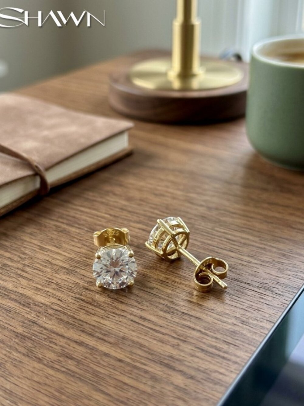 Mens 14K Gold Moissanite Stud Earrings, GRA 925
